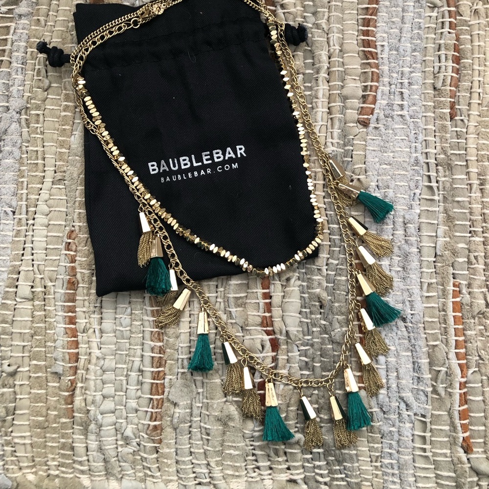 BaubleBar green tassel double strand gold necklace